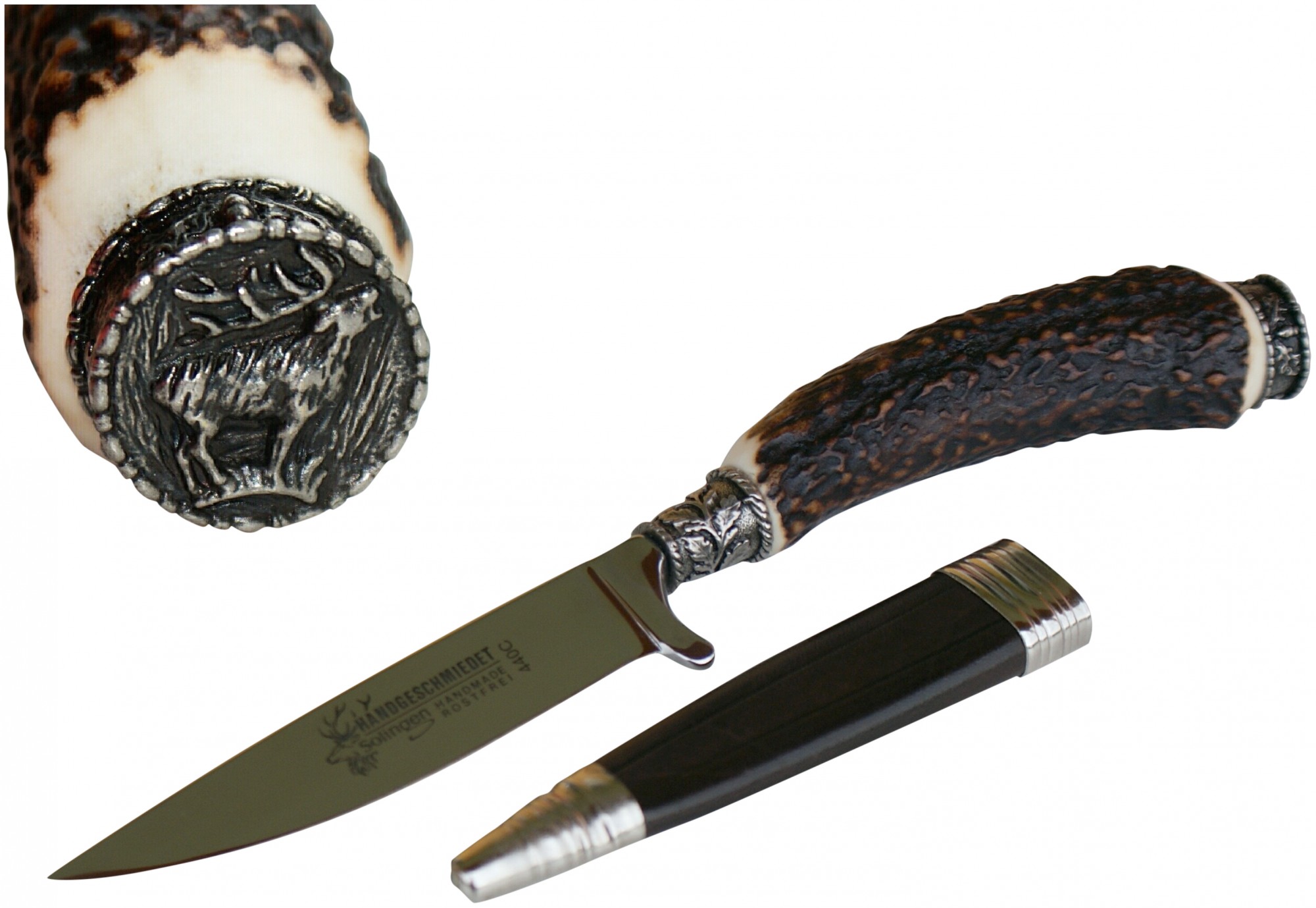 Jagdmesser Mit Totenkopf – Echt Versilbert, Hirschhorngriff, Klinge 10 Cm (Solingen), Inkl. Lederscheide, Made In Austria