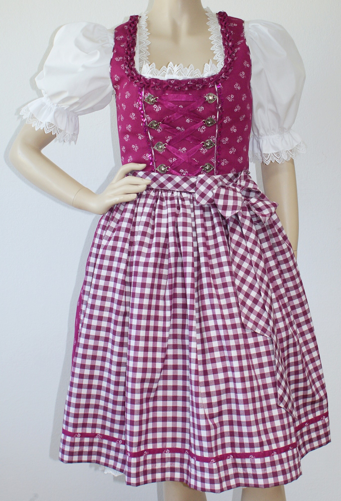 UHouse Dirndl Damen Midi - Trachtenkleid Mit Spitze - Elegant Für Oktoberfest - Inklusive Schürze